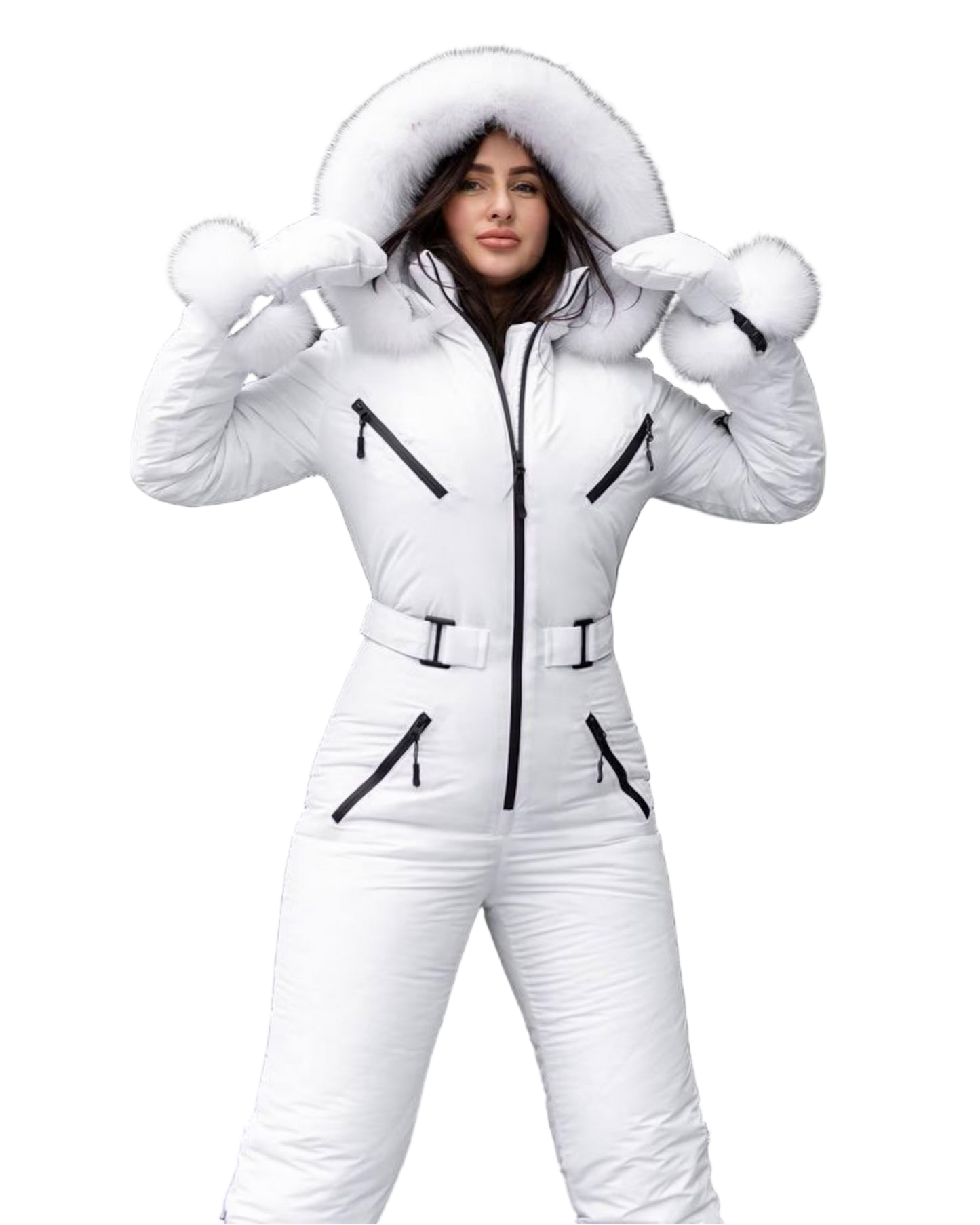 White Women And Kids Ski Jumpsuit with Belt Mittens and Bag Insulated Winter Snow Suit