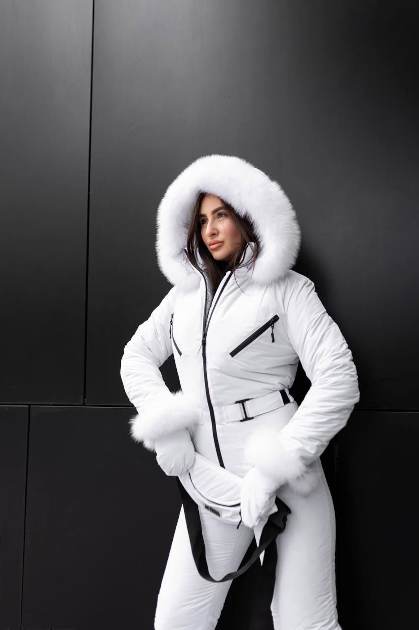 White Women And Kids Ski Jumpsuit with Belt Mittens and Bag Insulated Winter Snow Suit