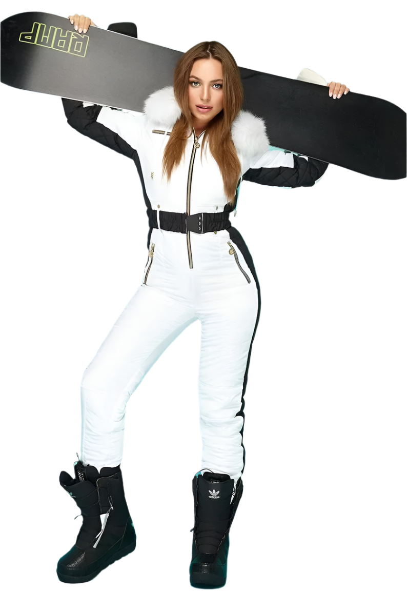 Modern Womens Winter Ski Jumpsuit in White with Black Stripes and Fox Fur Hood