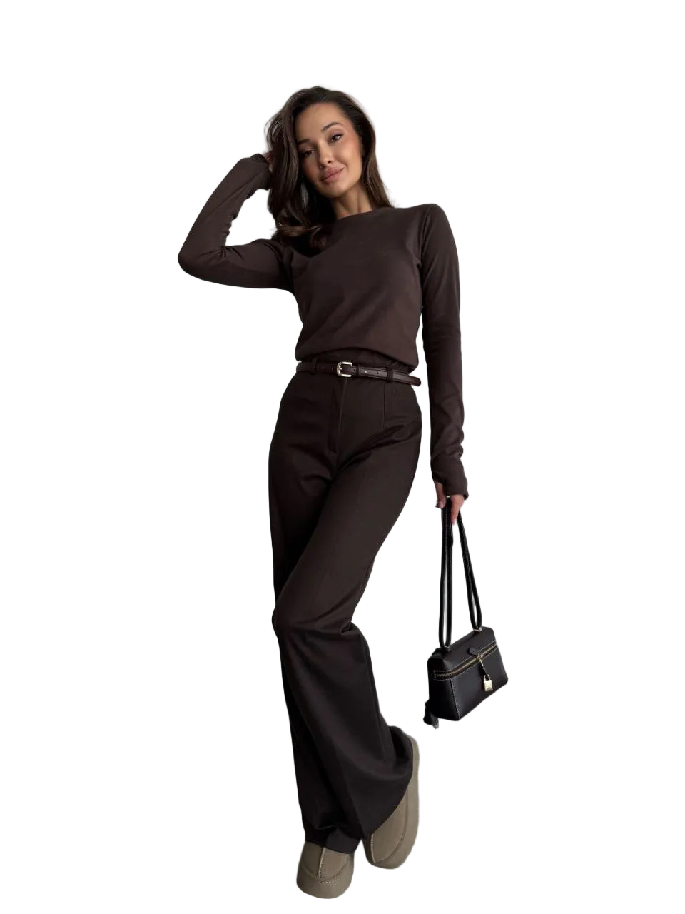 Brown High Waisted Flared Trousers Stretch Wool Knit