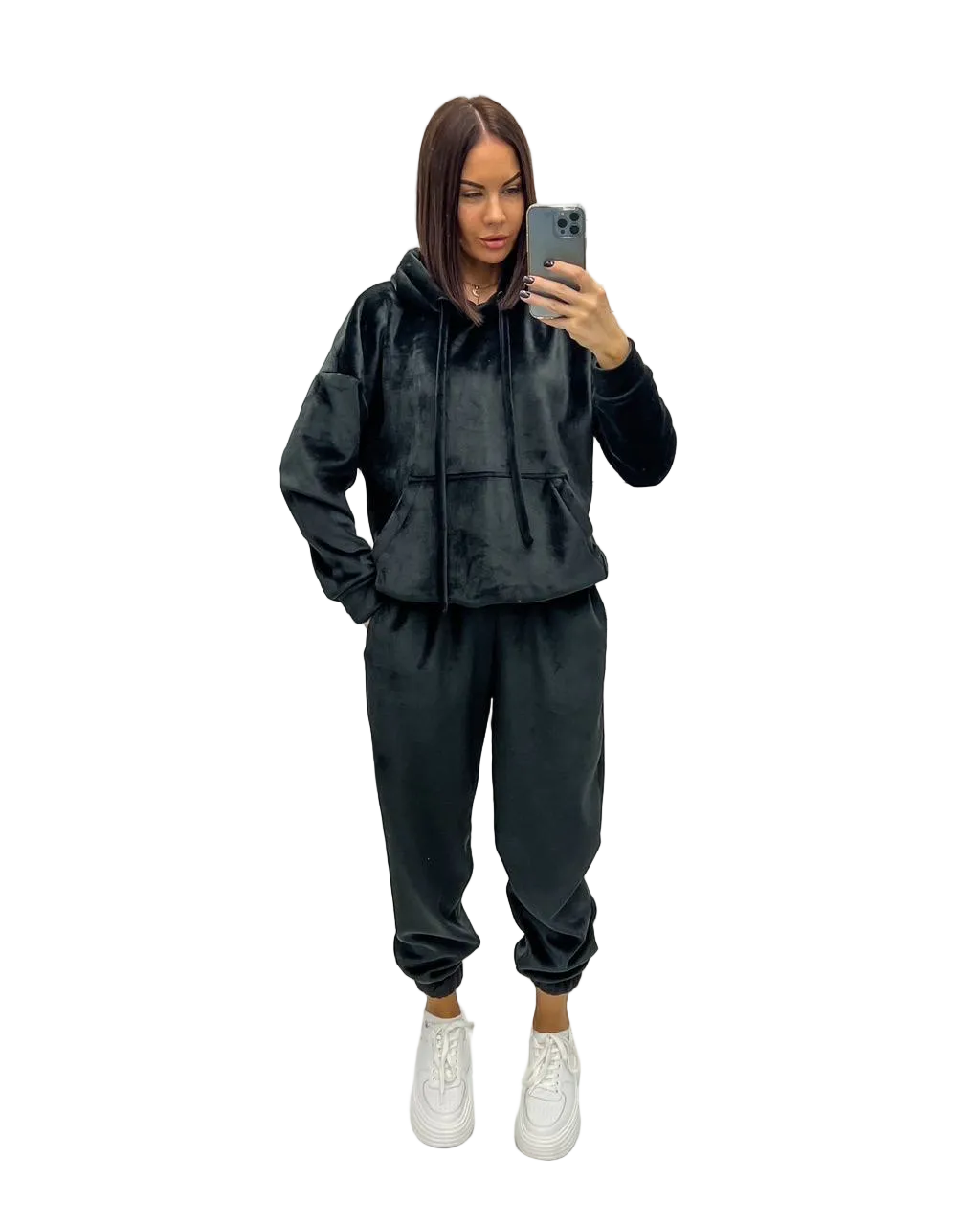 Black Double Sided Velour Tracksuit Women Hooded Jogger Set Warm Autumn Loungewear