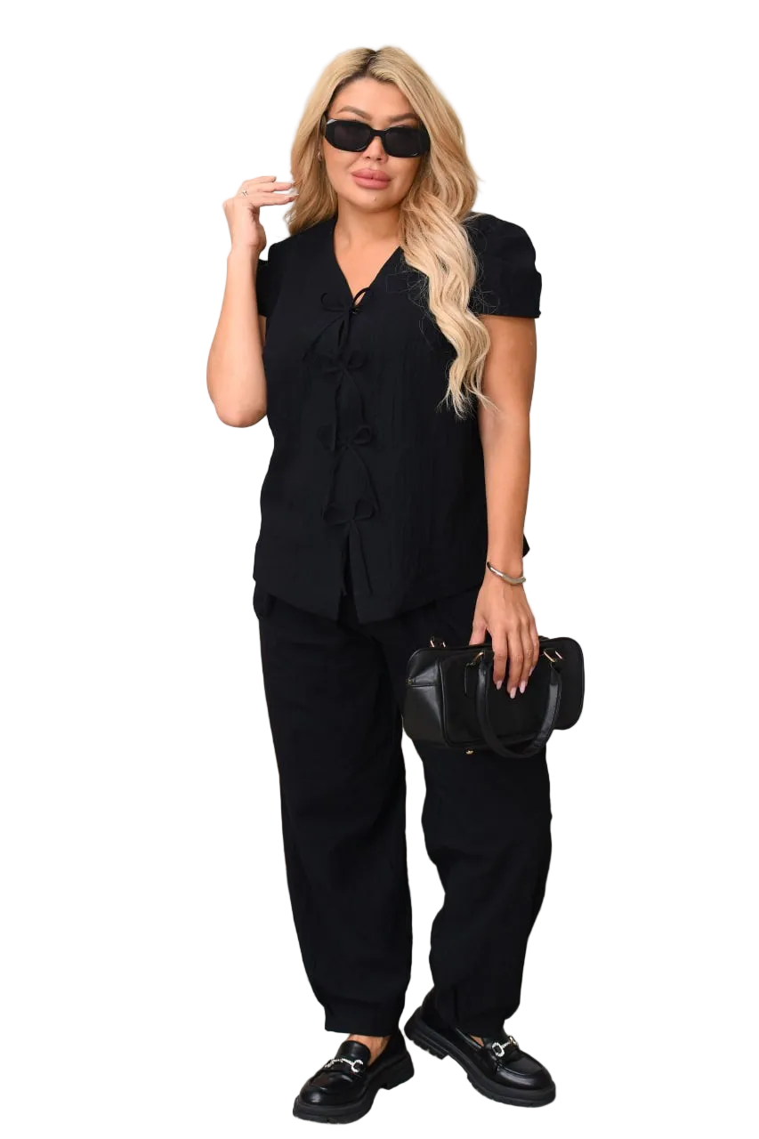 Women Black Crushed Linen Two Piece Suit Short Sleeve Blazer Cropped Wide Leg Pants