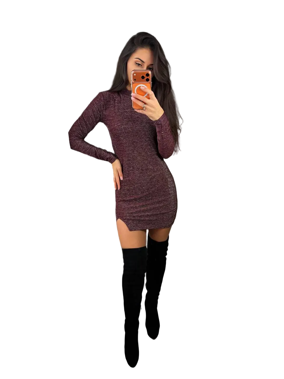 Burgundy Lurex Bodycon Mini Dress Long Sleeve Side Slit