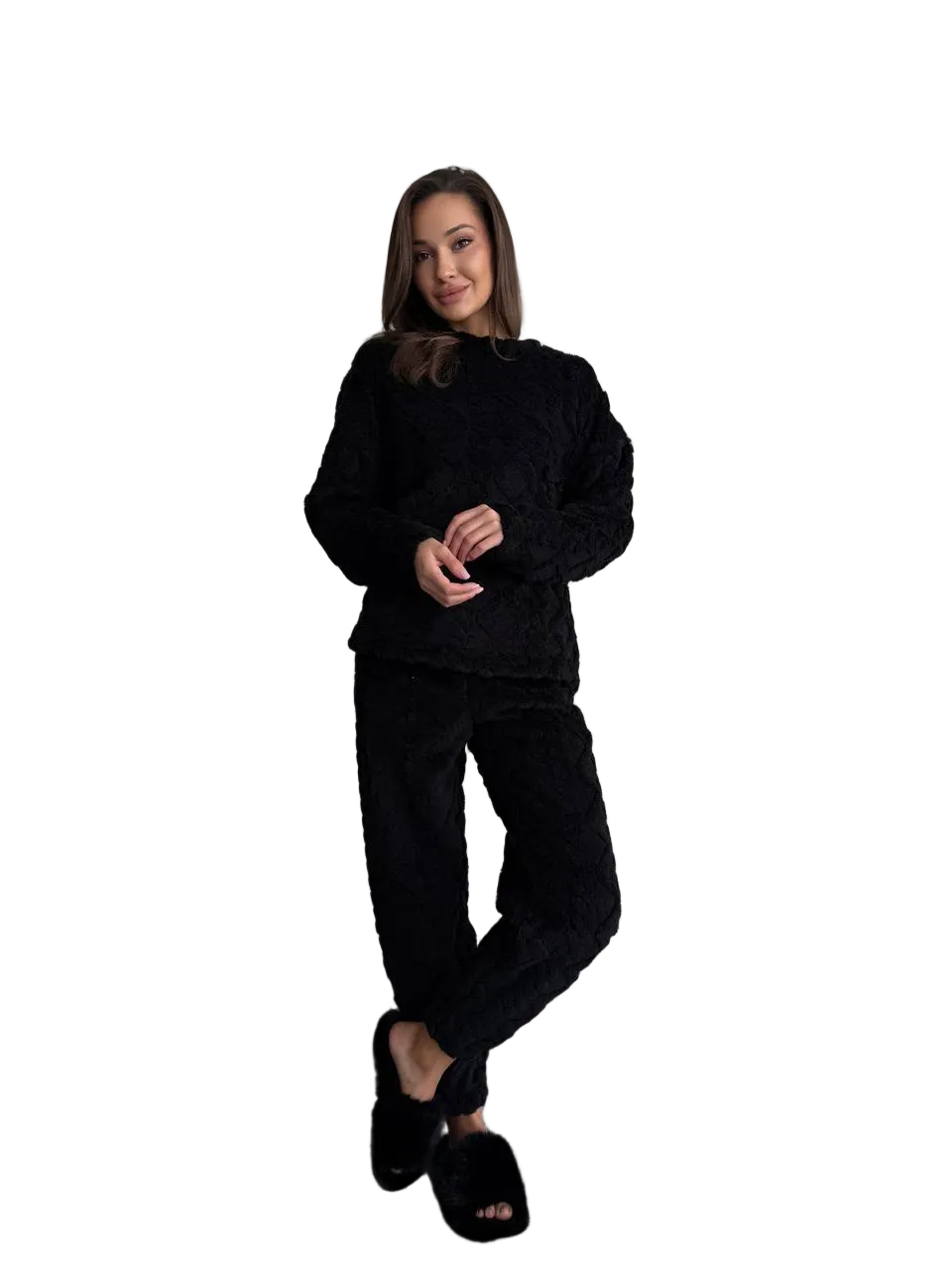 Black Plush Double-Sided Terry Pajama Set Women Cozy Loungewear