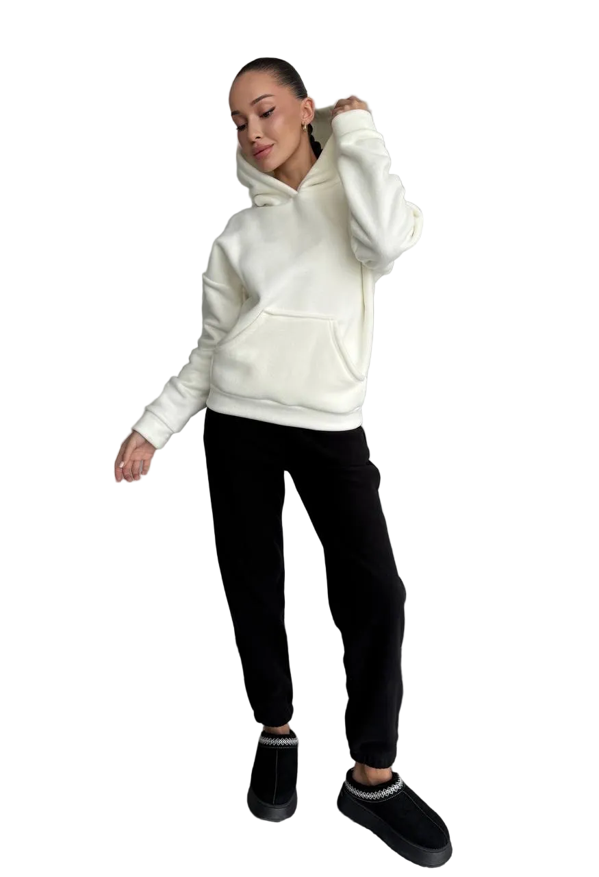 Womens Polar Fleece Tracksuit White Hoodie Black Joggers Cozy Hoodie Set
