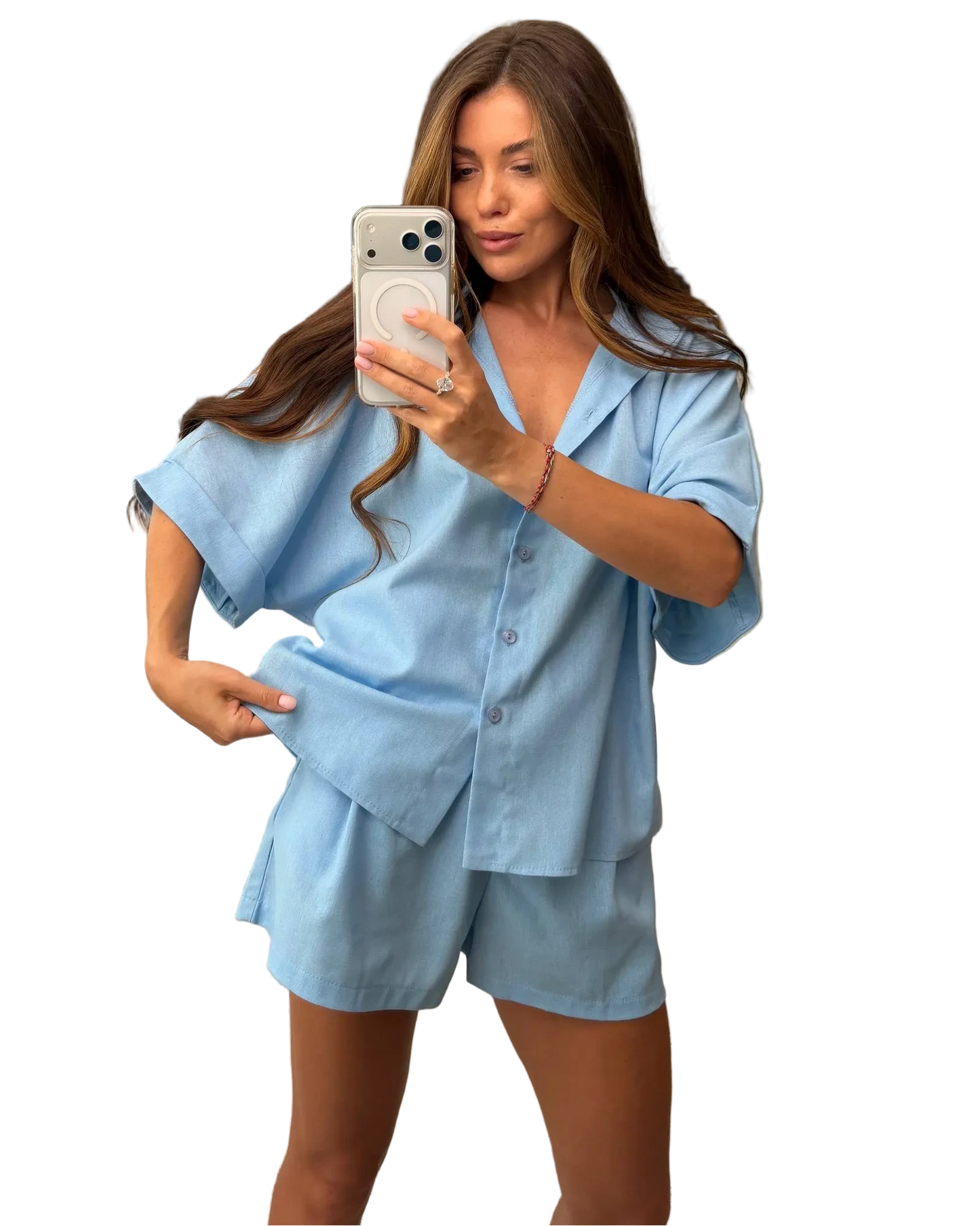 Light Blue Linen Two Piece Suit for Women Shirt and Shorts Set Summer Casual