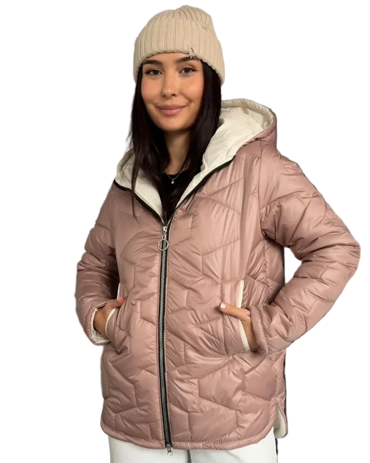 Person wearing a pink quilted jacket with a white hood on a white background