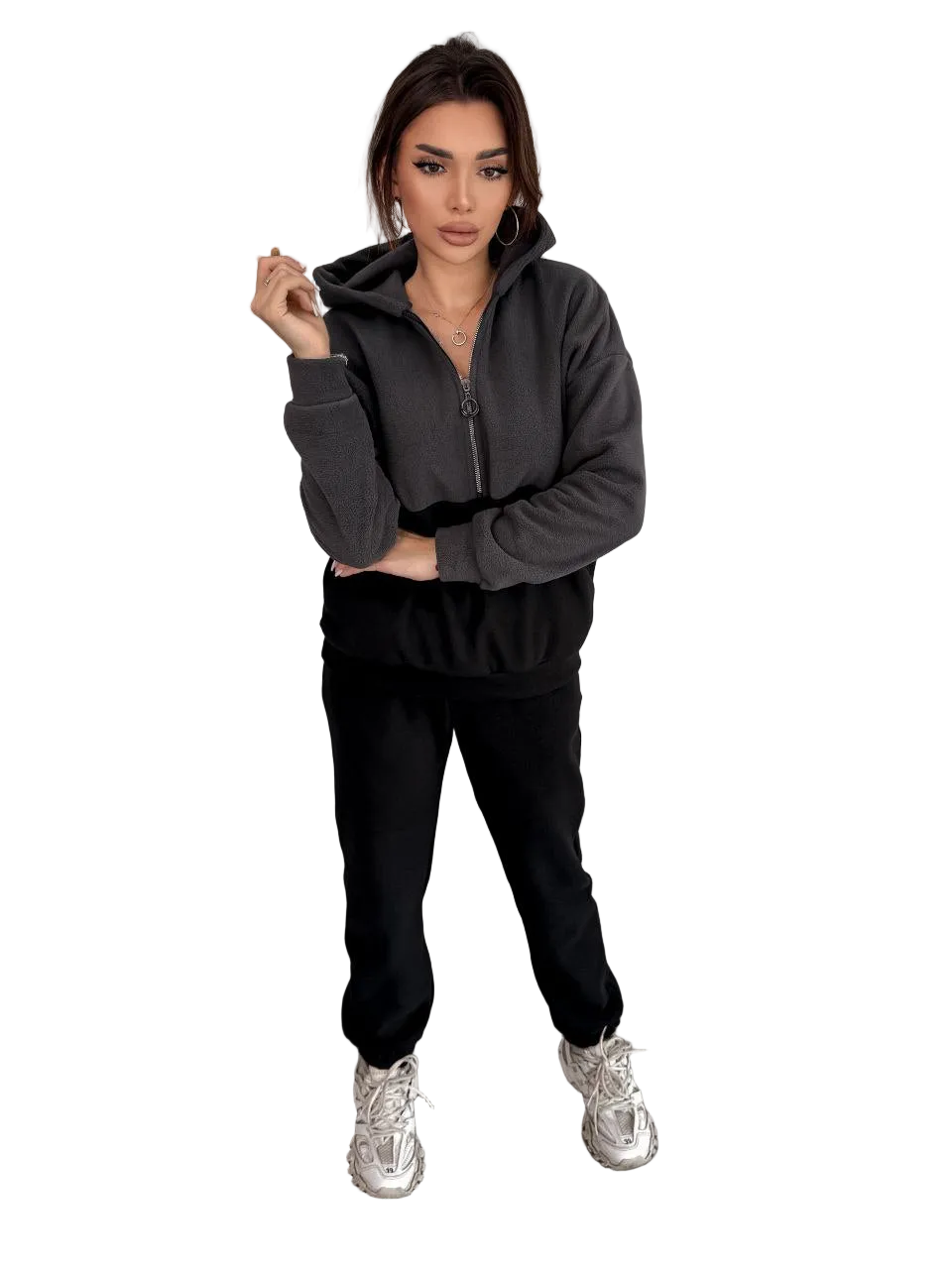 Two Tone Polar Fleece Tracksuit Women Hoodie Zip Jogger Set Gray Black