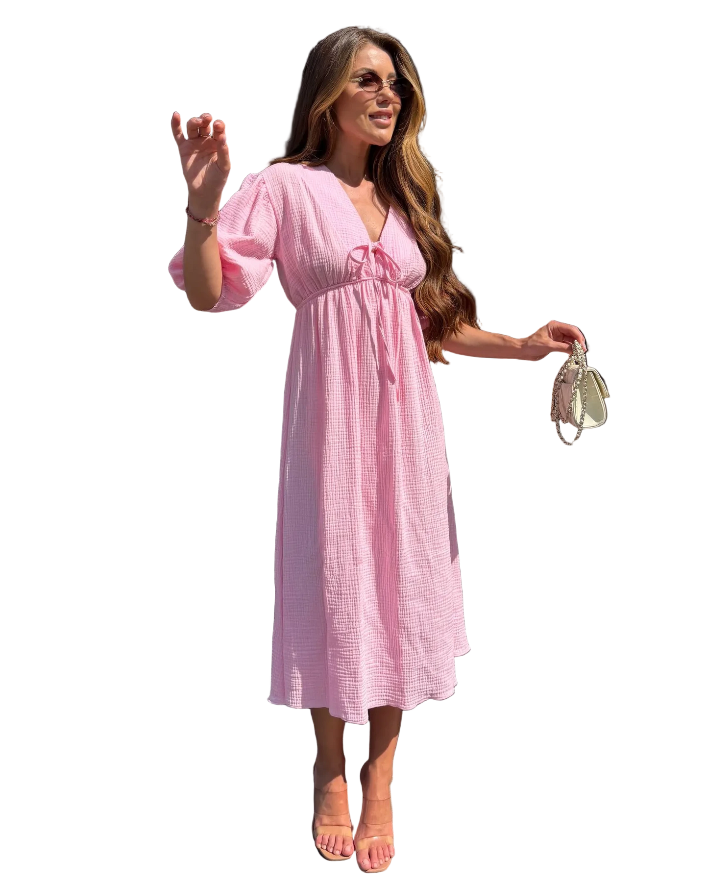 Pink Muslin Midi Dress Puff Sleeve Empire Waist Tie Front