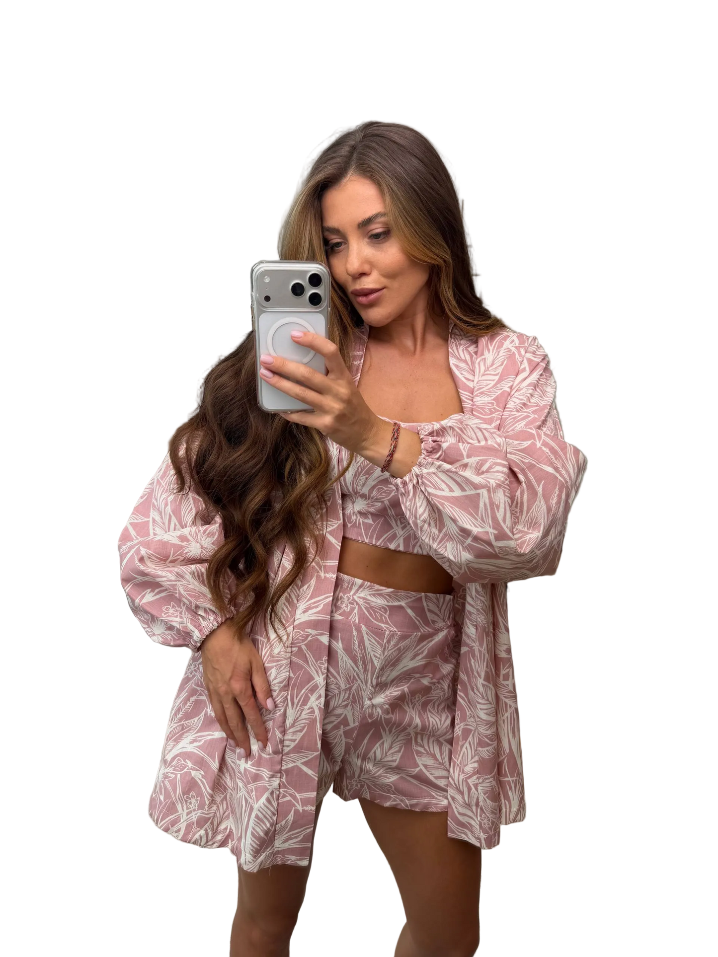 Pink Leaf Print Linen Three Piece Suit Women Summer Linen Set Shorts Top Overshirt