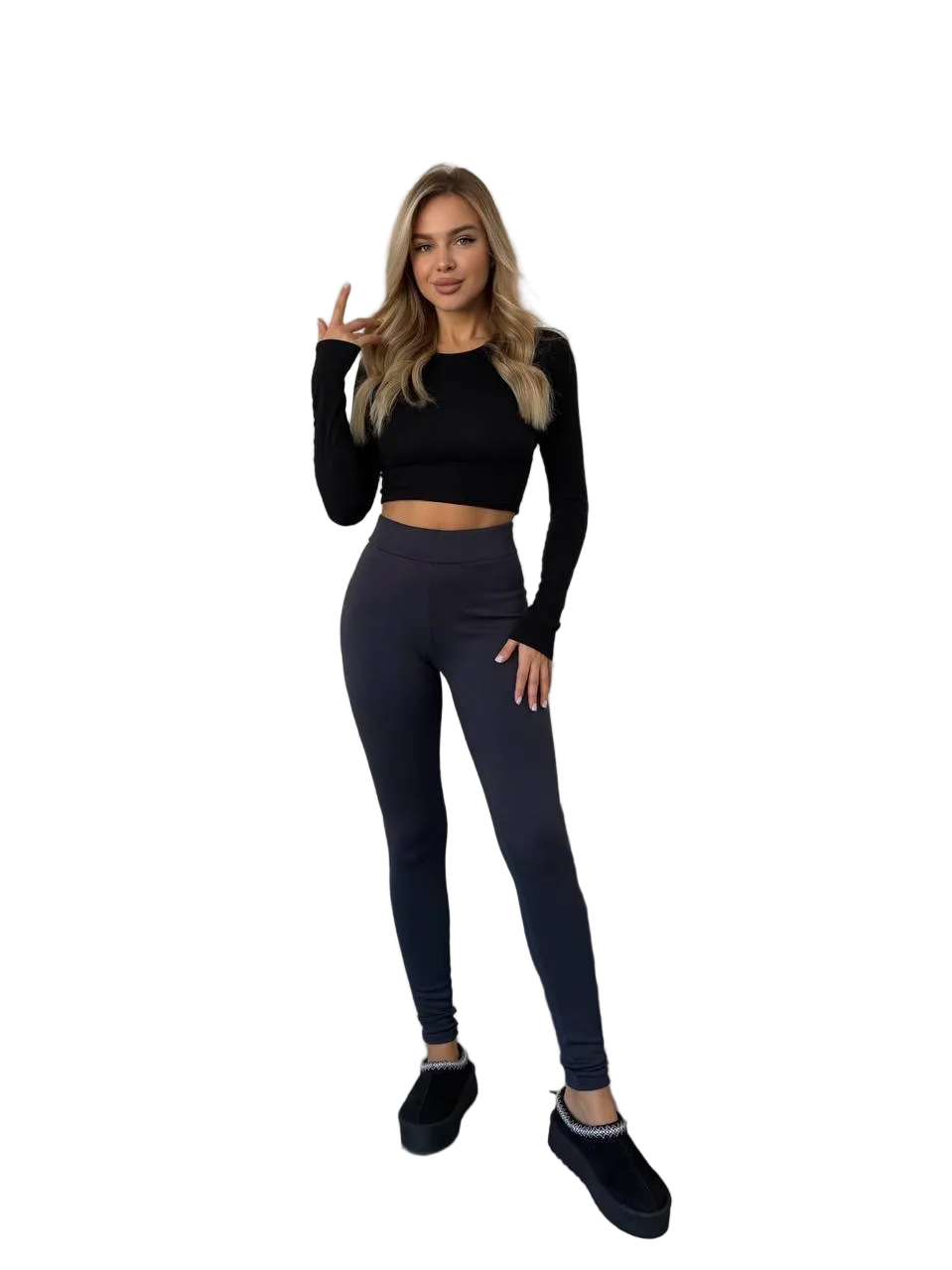 Ribbed Fleece Leggings Charcoal Gray Women Warm Thermal