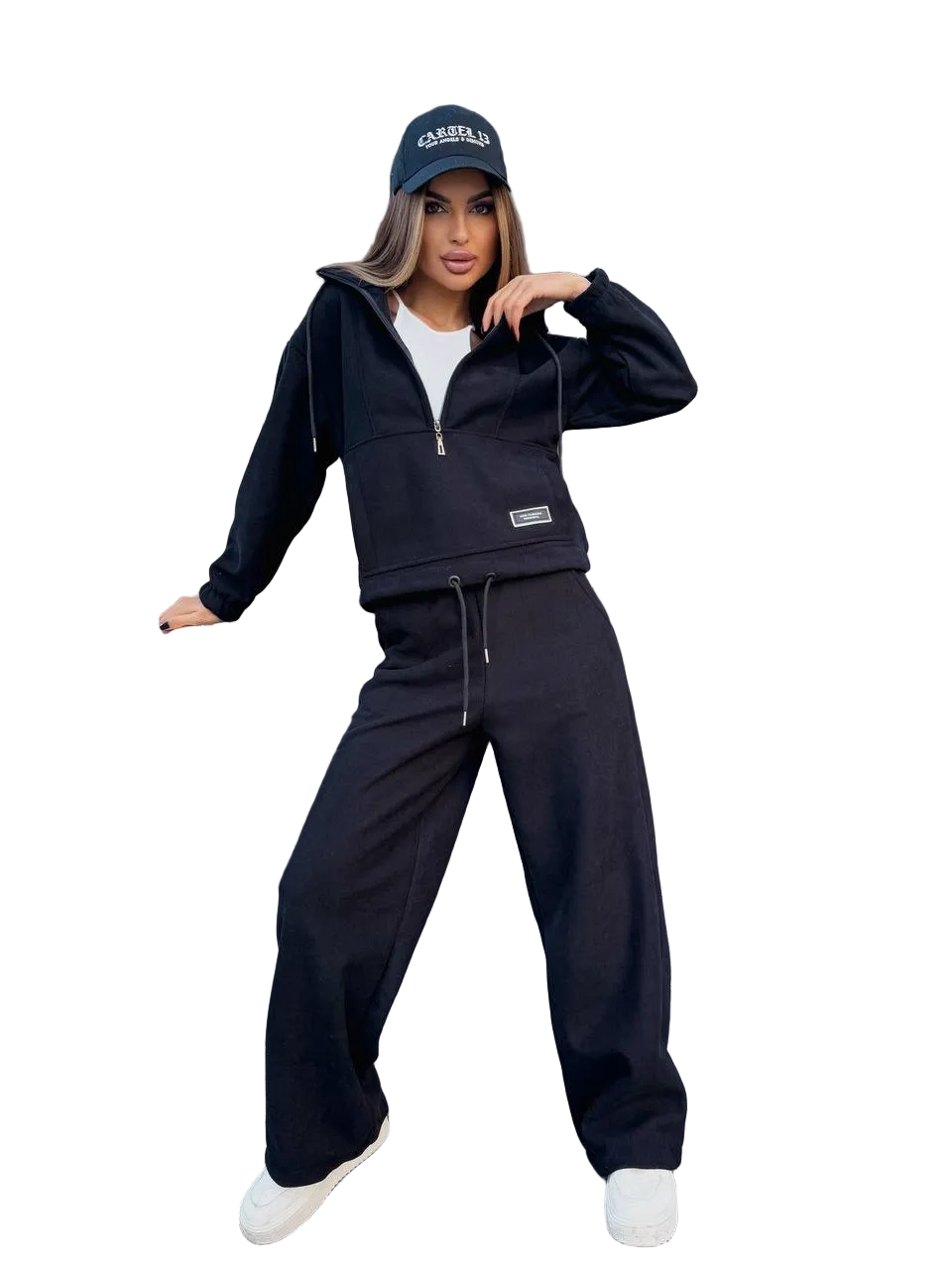 Black Micro Corduroy Fleece Lined Tracksuit Women Zip Hoodie Wide Leg Joggers