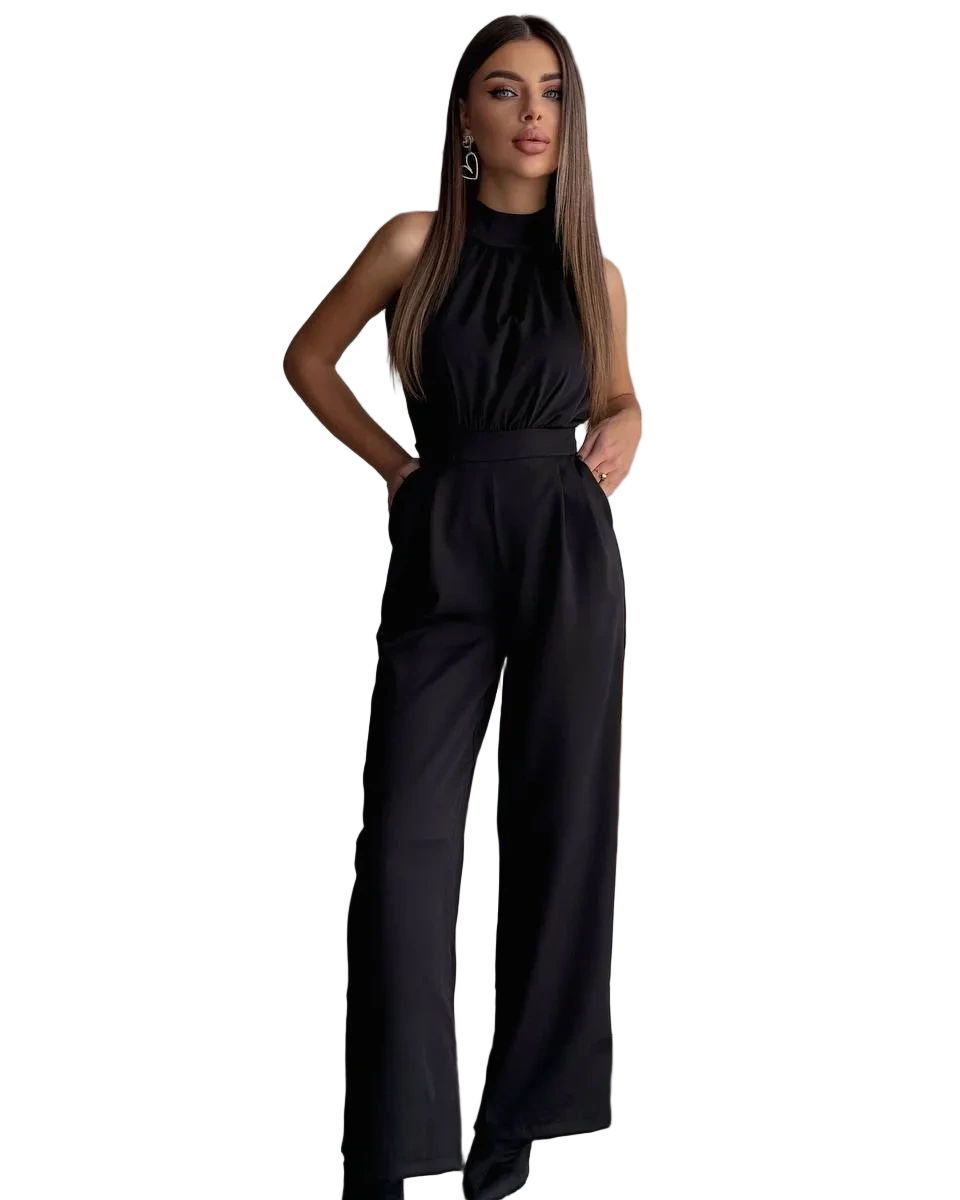 Elegant Black Sleeveless Jumpsuit Wide Leg Evening Jumpsuit with Gathered Bodice