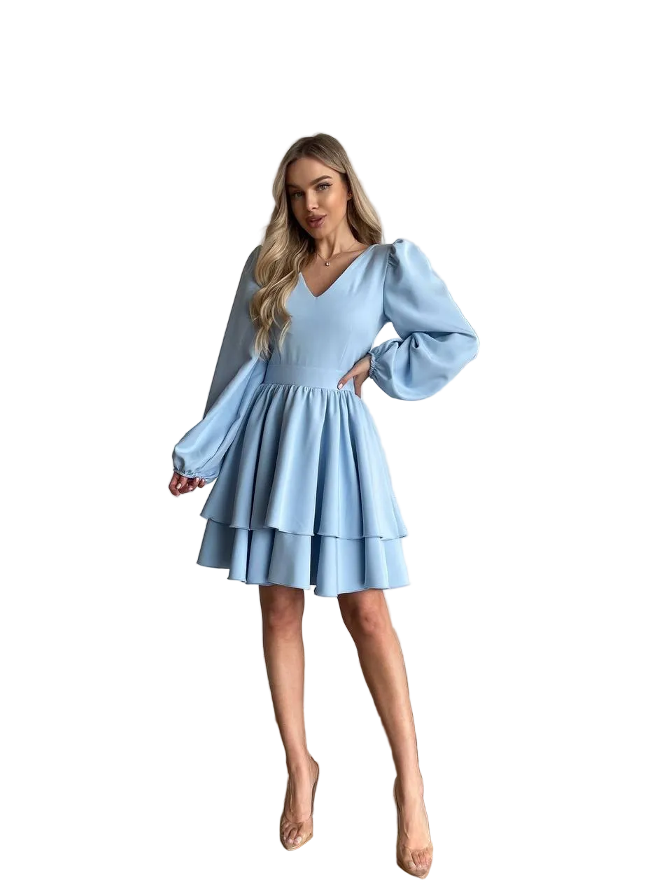 Light Blue V Neck Layered Dress with Puff Sleeves