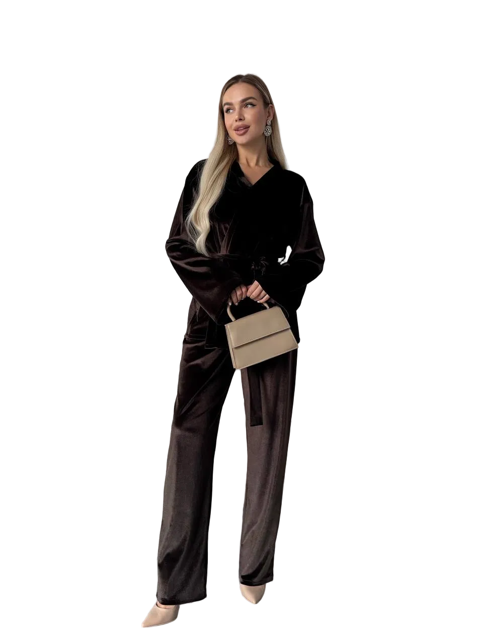Womens Dark Brown Velvet Cardigan and Straight Pants Set Velvet Loungewear