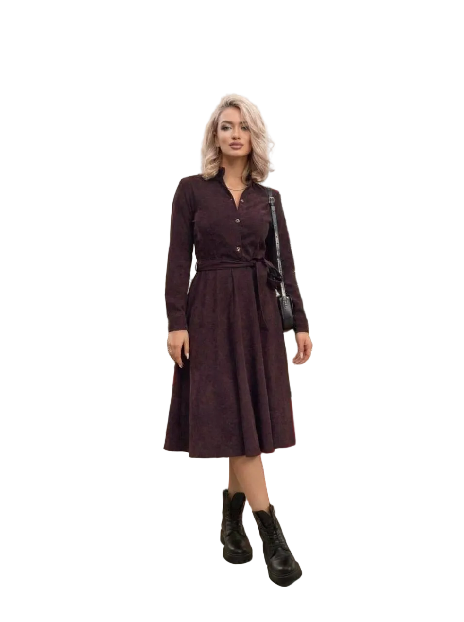 Burgundy Microvelvet Midi Dress Long Sleeve Belted Aline