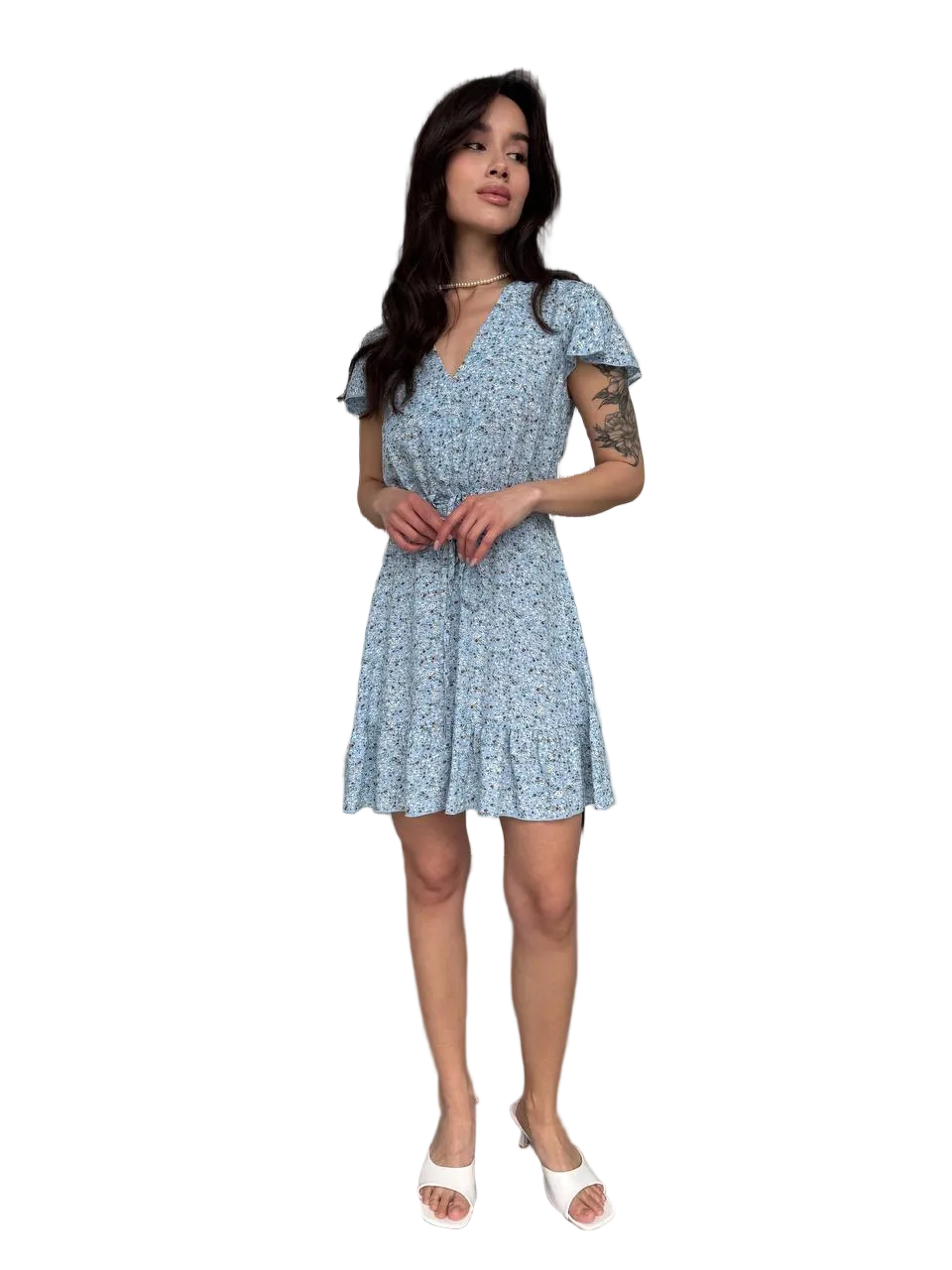 Blue Floral V Neck Drawstring Waist Shtapel Dress Flutter Sleeve Short Summer Dress