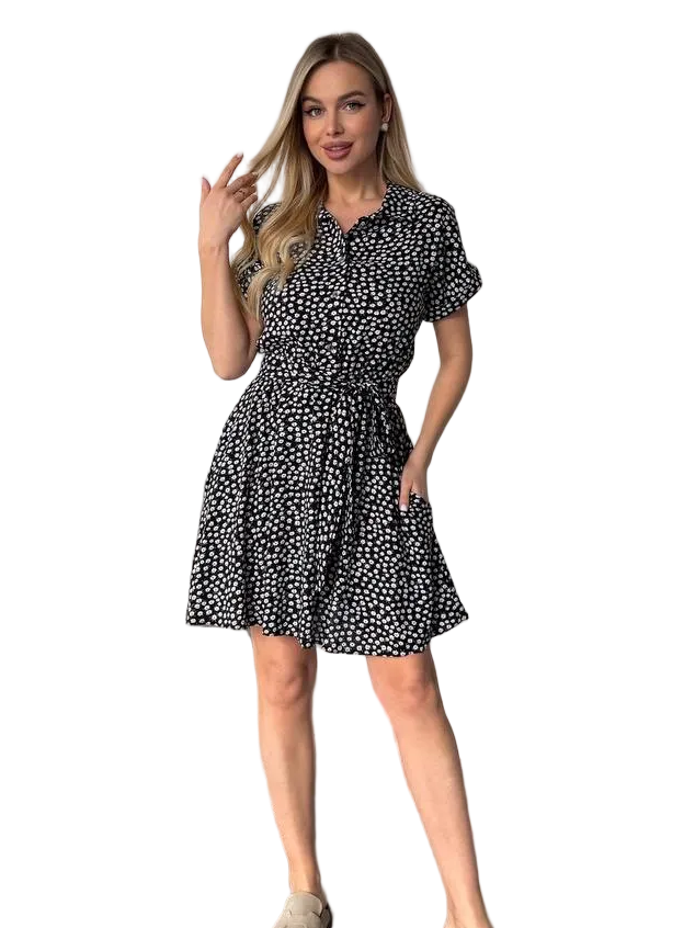 Black Polka Dot Belted Shirt Dress Women Lightweight Shtapel