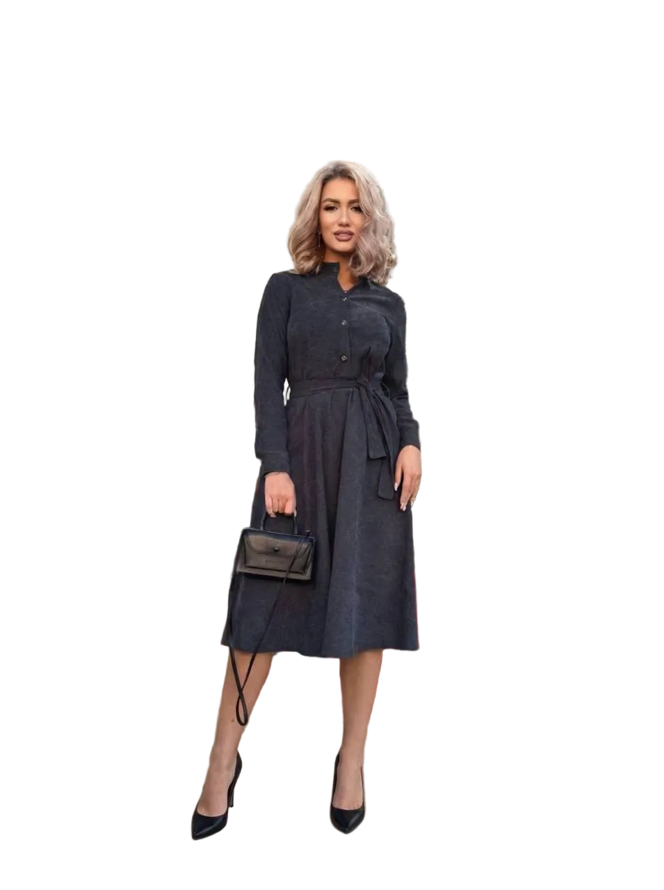 Charcoal Microvelvet Belted Midi Dress Long Sleeve Button Front