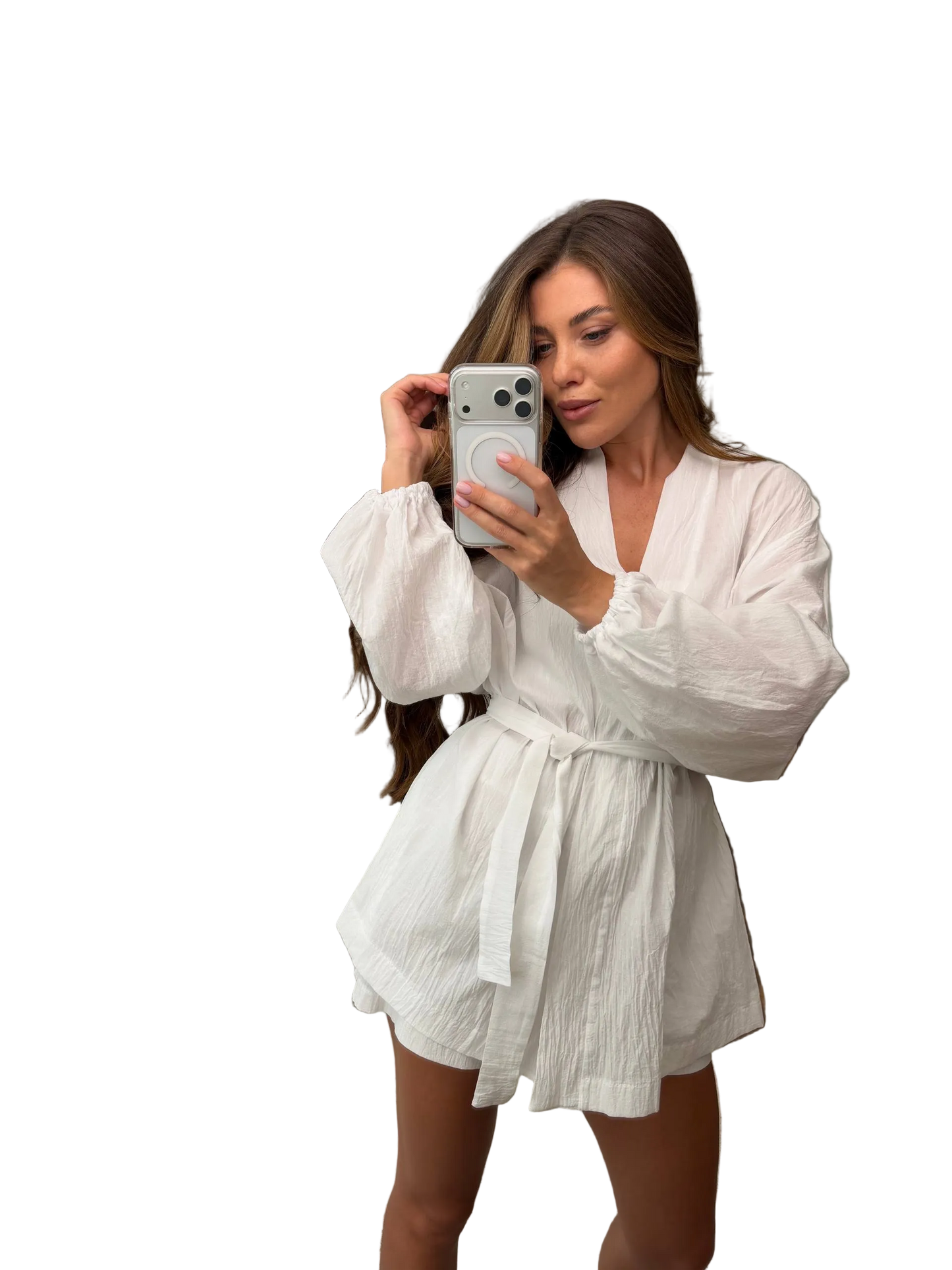 White Cotton Batiste Three Piece Suit for Women Breathable Summer Set Shorts Top Shirt