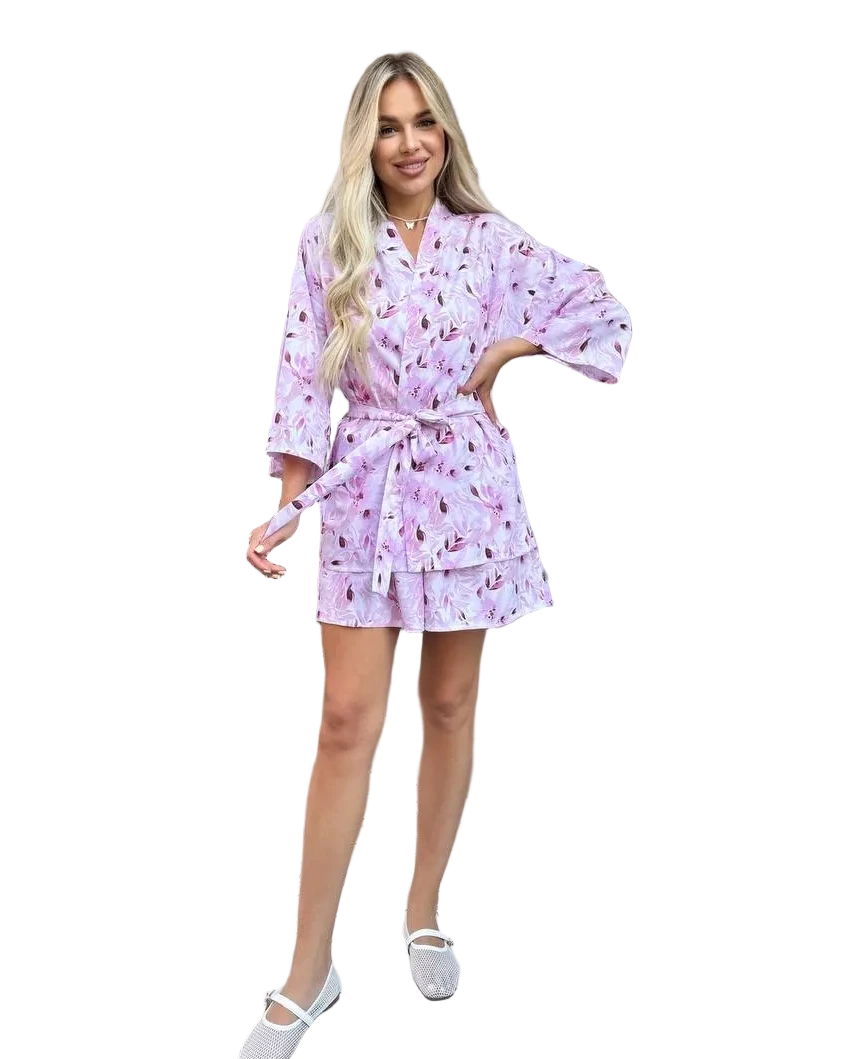 Lilac Floral Kimono Two Piece Suit Women Super Soft Shorts Set