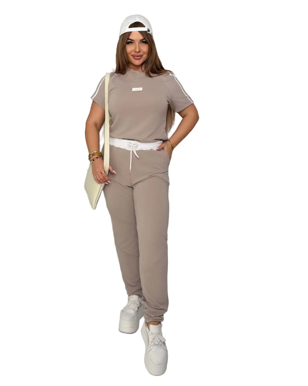 Beige Women Tracksuit Two Piece Set Tricot Double Knit Casual Athleisure