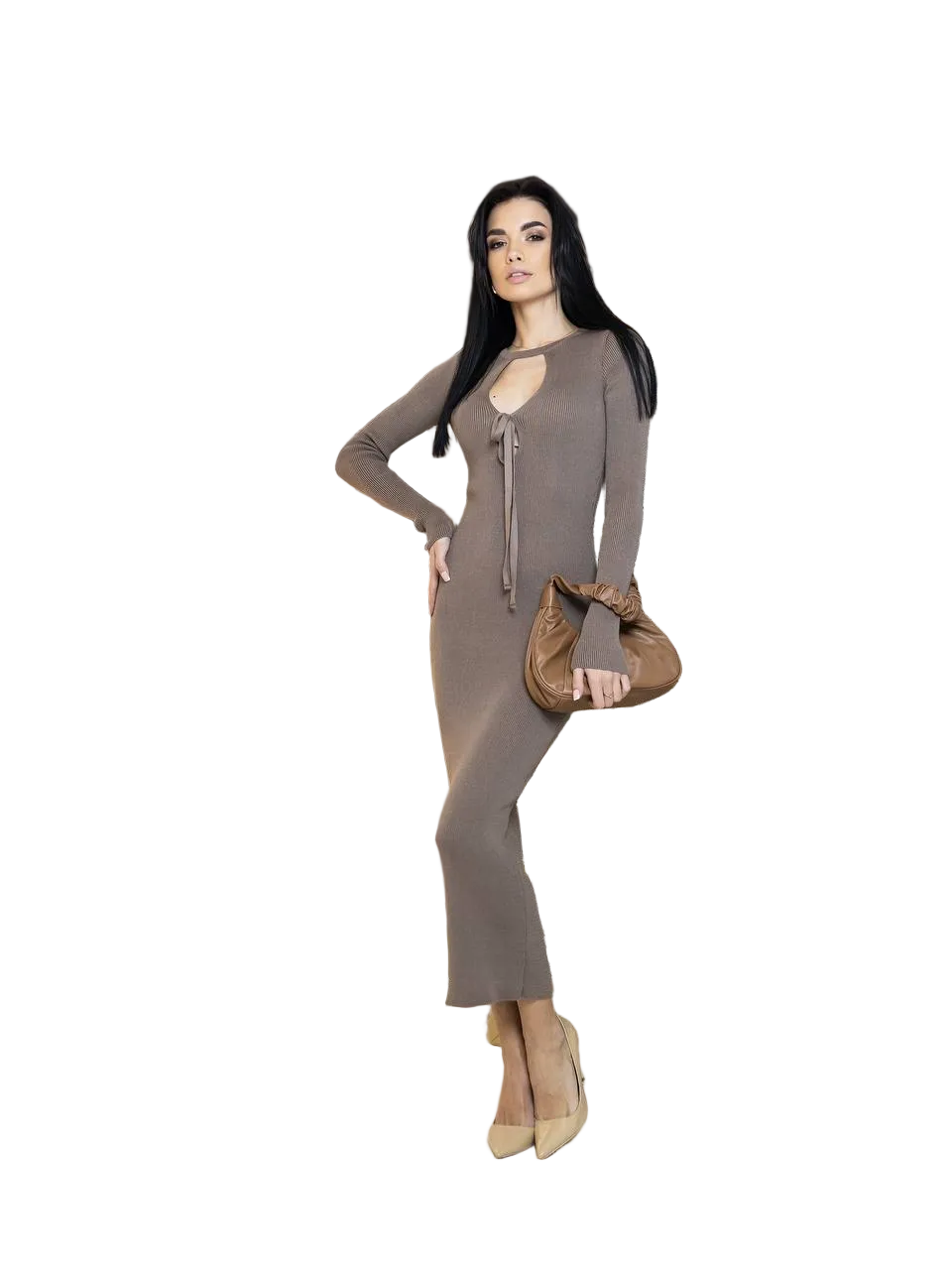 Taupe Cotton Long Sleeve Dress with Front Tie Elegant Everyday Dress