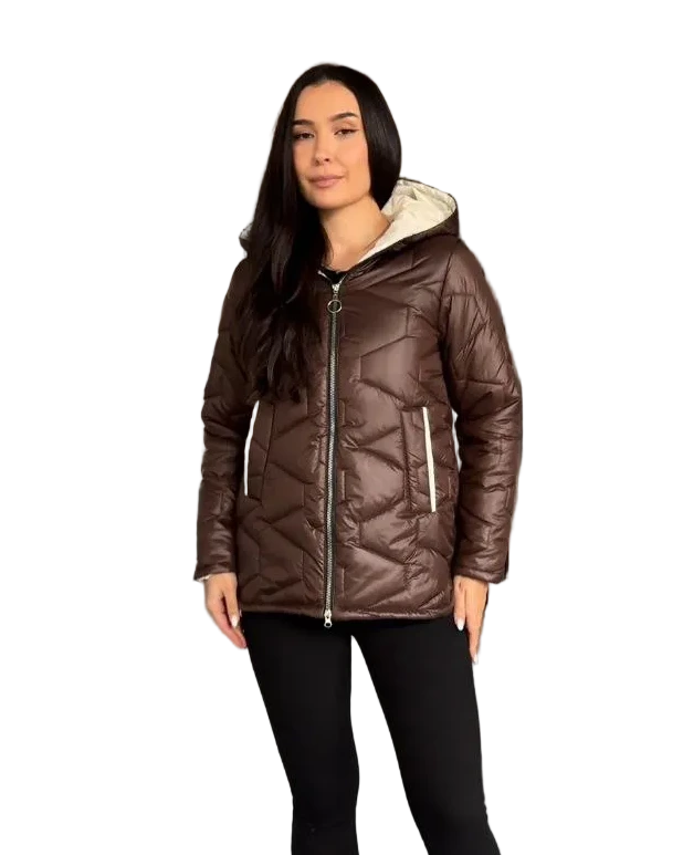 Womens Quilted Hooded Jacket Brown Lacquered Two Way Zipper