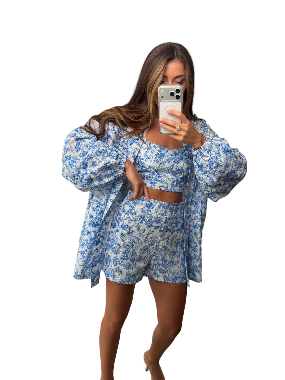 Womens Linen Three Piece Suit Blue Floral Crop Top Shorts Shirt Set