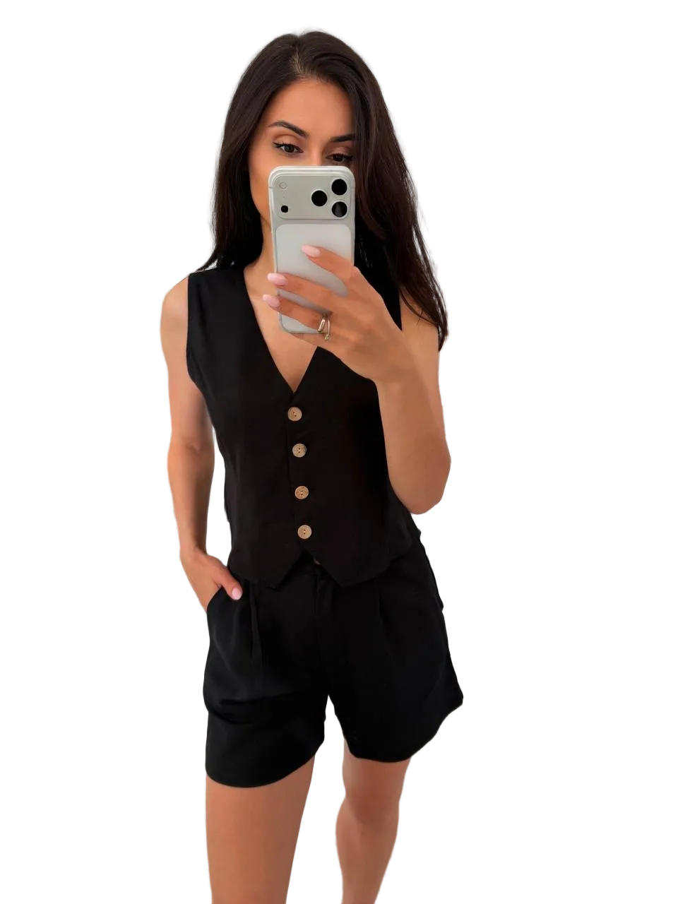 Womens Black Linen Two Piece Suit Vest And Shorts Summer Tailored Set