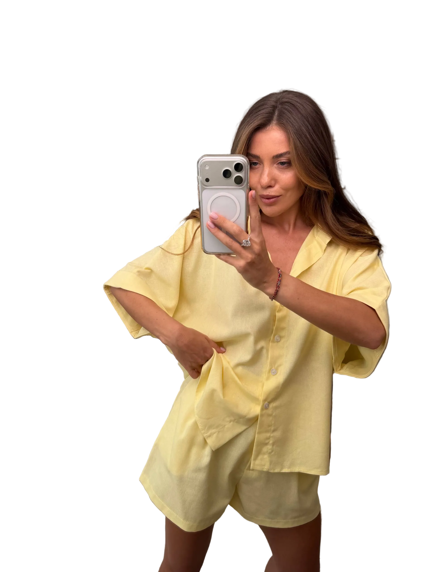 Yellow Linen Two Piece Suit Women Shirt And Shorts Summer Set