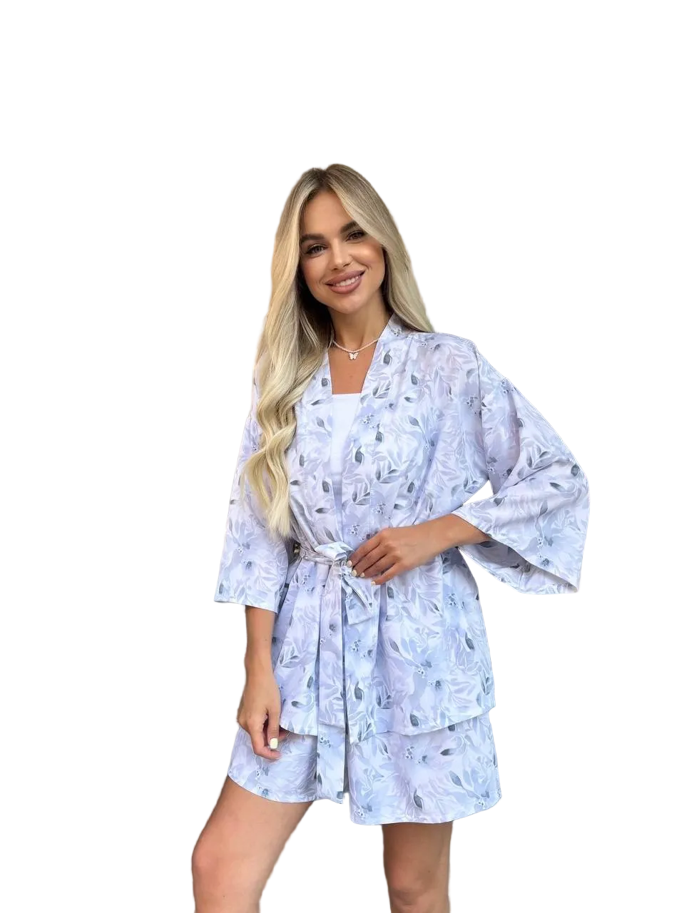 Women Two Piece Kimono Shorts Suit Light Lilac Floral Super Soft