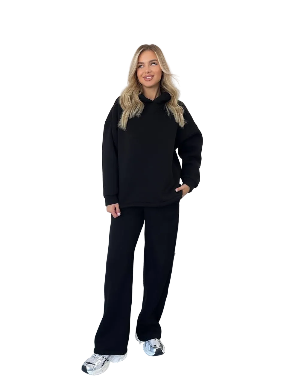 Womens Black Fleece Tracksuit Hooded Sweatshirt Wide Leg Pants