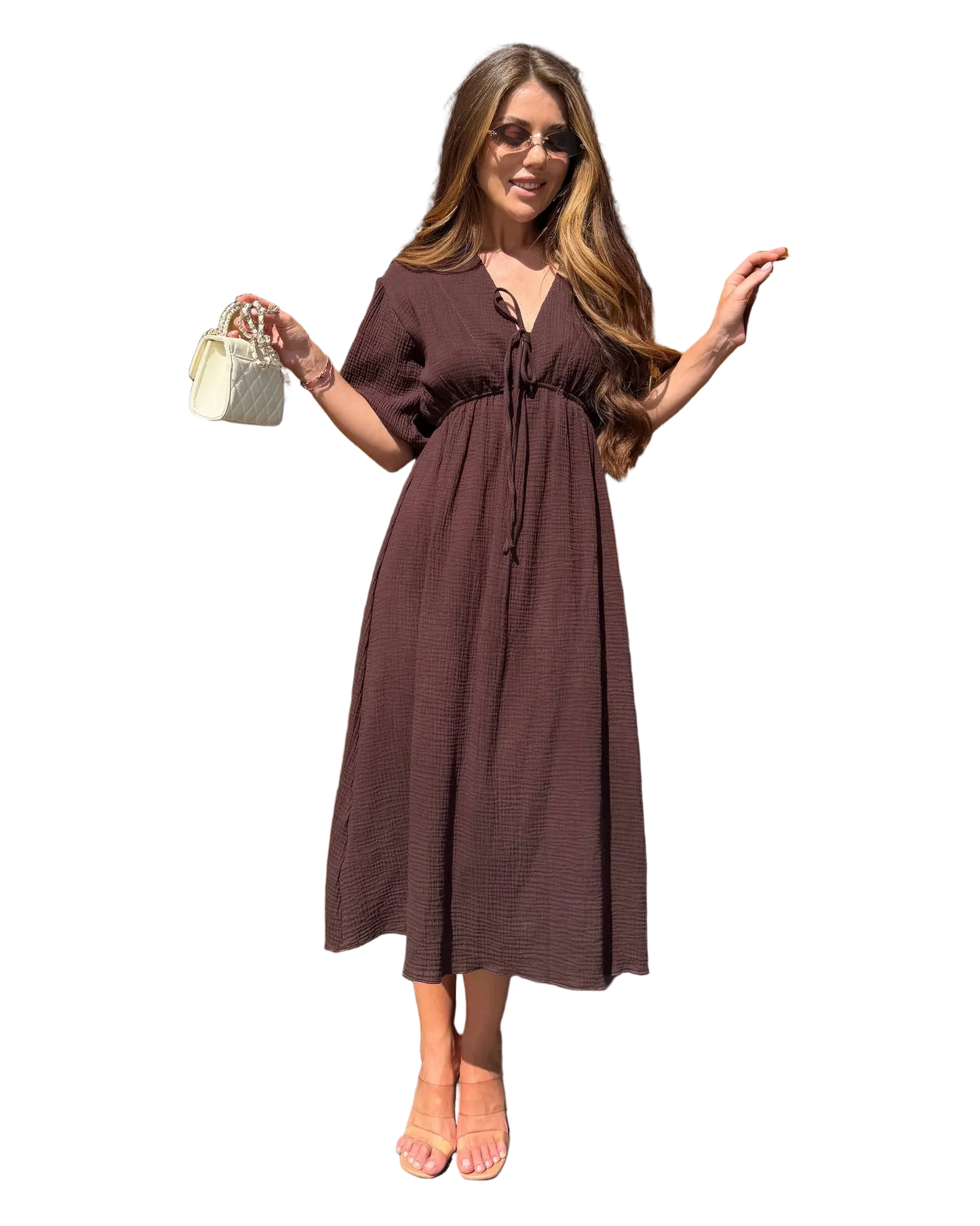 Brown Muslin Midi Dress Loose Fit V Neck Tie Waist Puff Sleeve Summer Dress