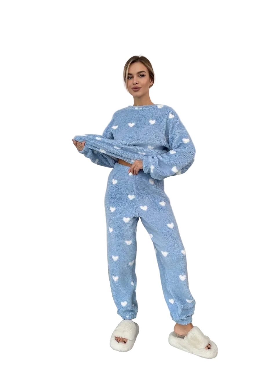 Women Plush Teddy Pajama Set Blue Heart Fuzzy Loungewear