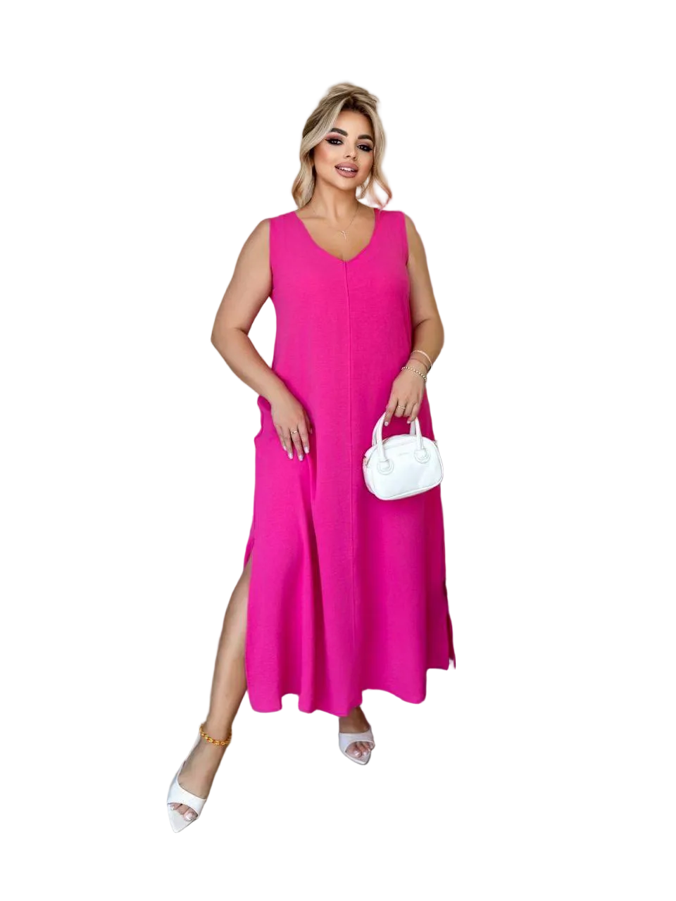 Fuchsia V Neck Midi Dress Krep Zhatka Sleeveless Straight Cut