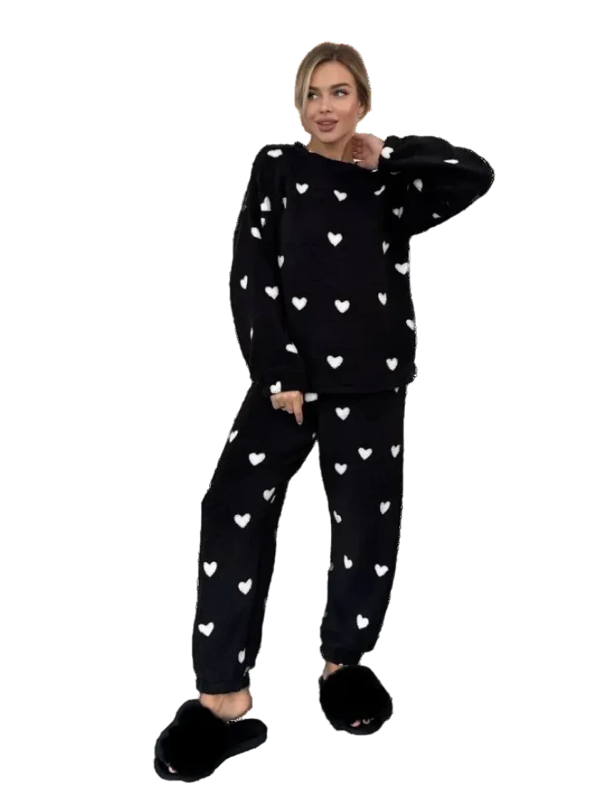 Women Teddy Fleece Pajama Set Black Heart Print Cozy Loungewear