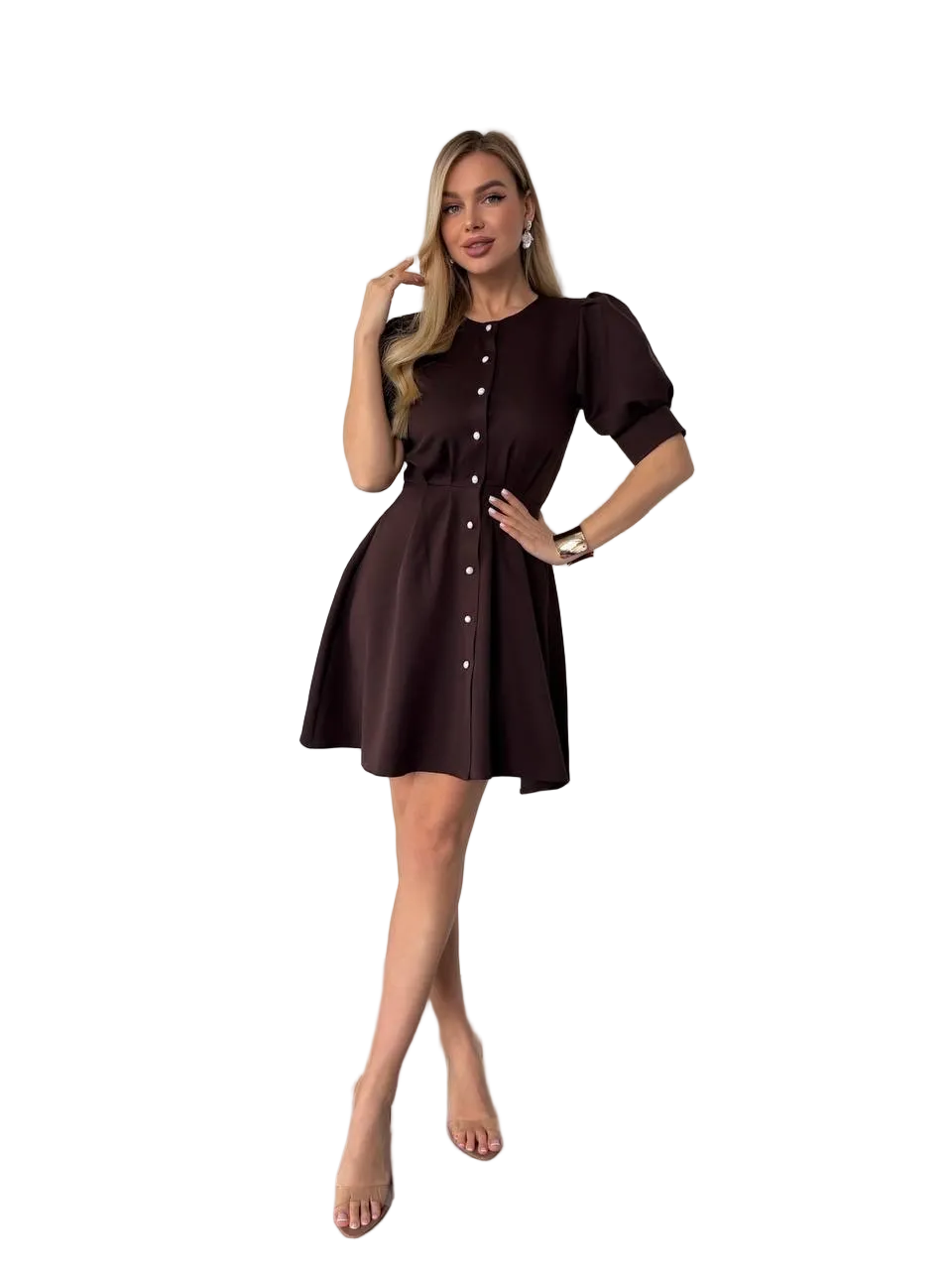 Elegant Dark Brown Puff Sleeve Button Front A Line Dress Women Suit Fabric