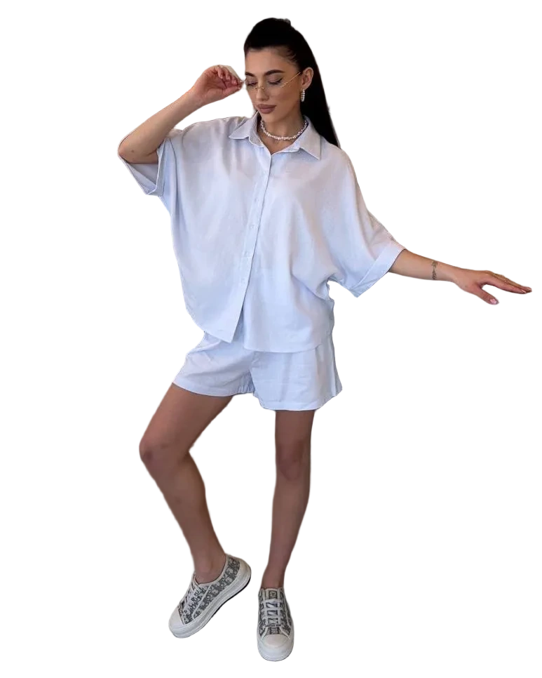 White Linen Two Piece Set Women Summer Casual Suit With Shorts And Shirt