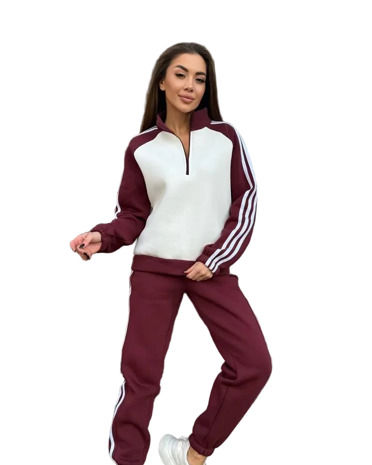 Burgundy Fleece Lined Tracksuit Women Jogger Set Athleisure