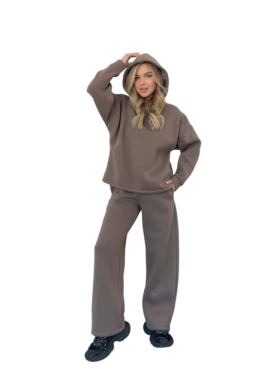 Taupe Fleece Tracksuit Women Hooded Sweatshirt Wide Leg Pants Loungewear