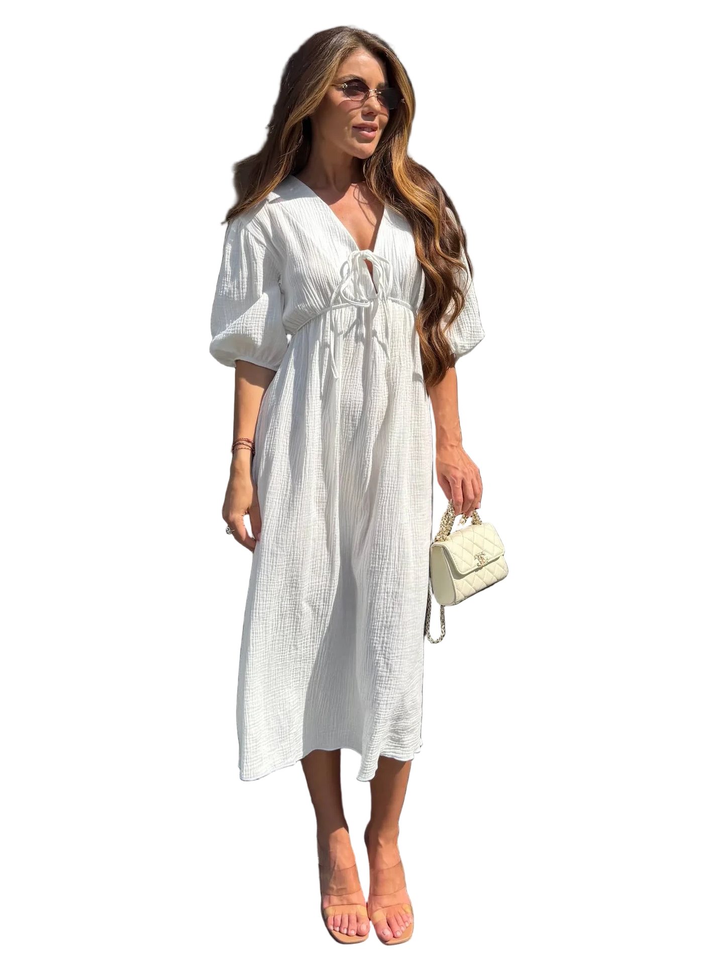 White Muslin Midi Dress Puff Sleeve Tie Neck High Waist Summer Dress