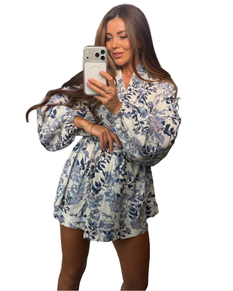 Womens Linen Three Piece Suit Floral Print White Blue Breathable Summer Set