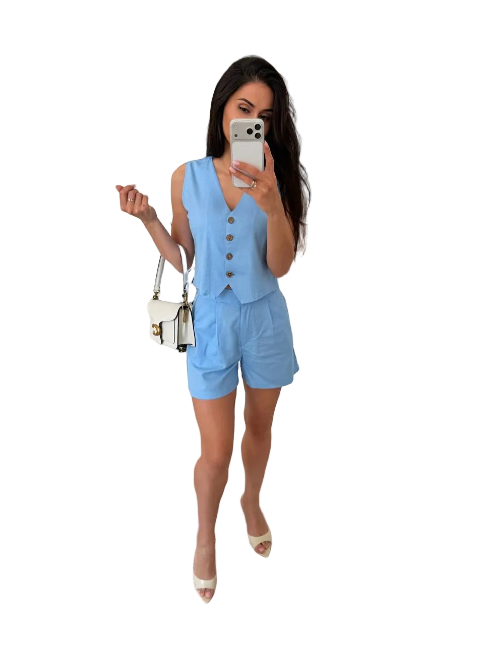 Women Linen Two Piece Vest and Shorts Set Sky Blue