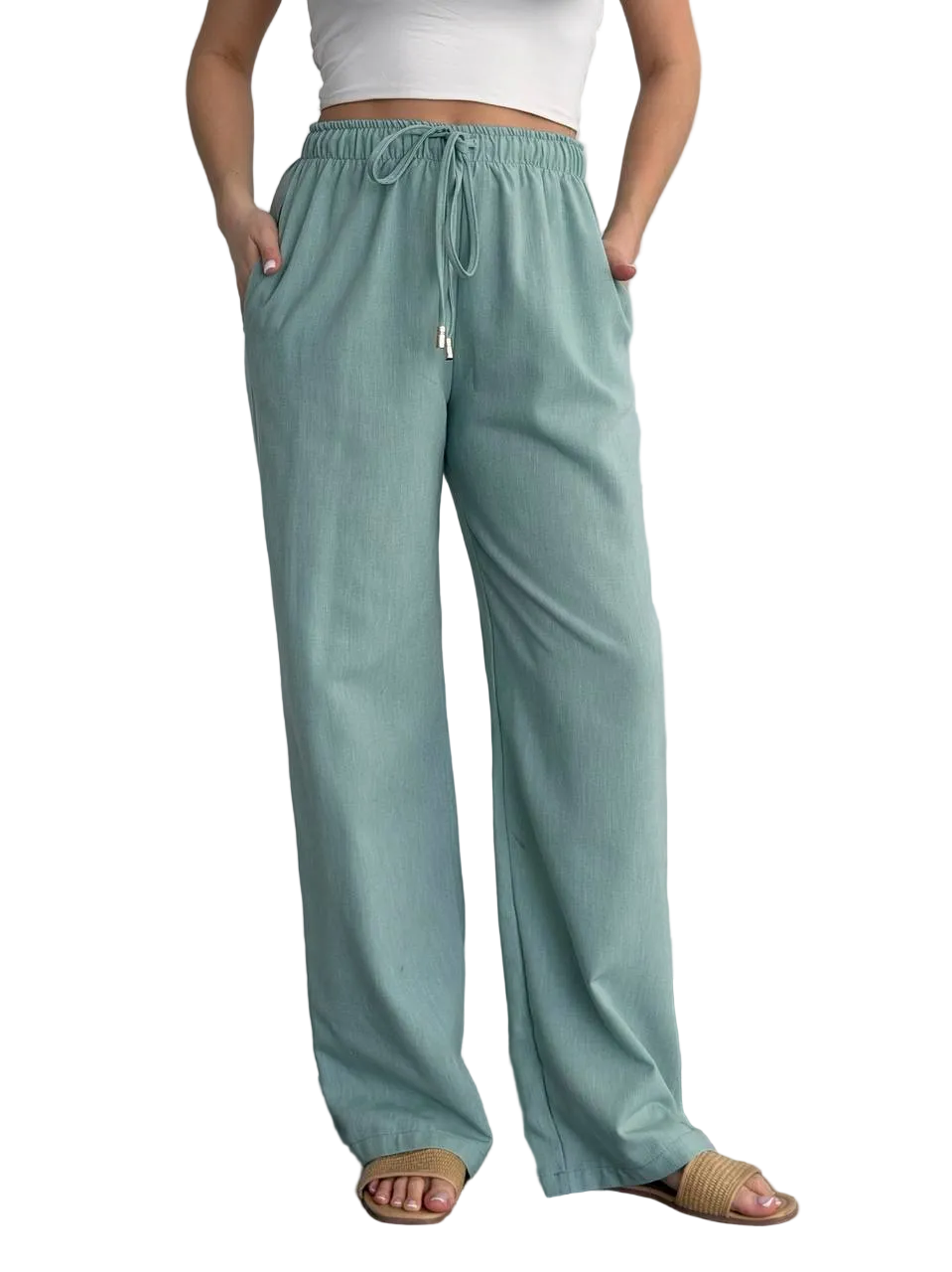 Womens Linen Wide Leg Trousers Mint Relaxed Fit Elastic Waist