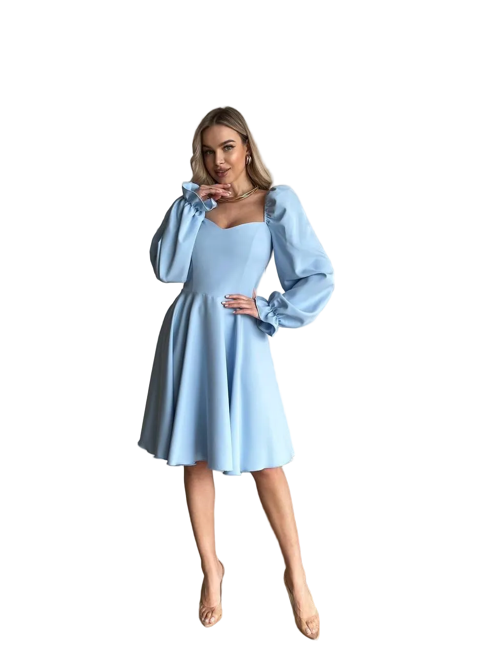 Light Blue Sweetheart Neck Puff Sleeve Fit Flare Dress