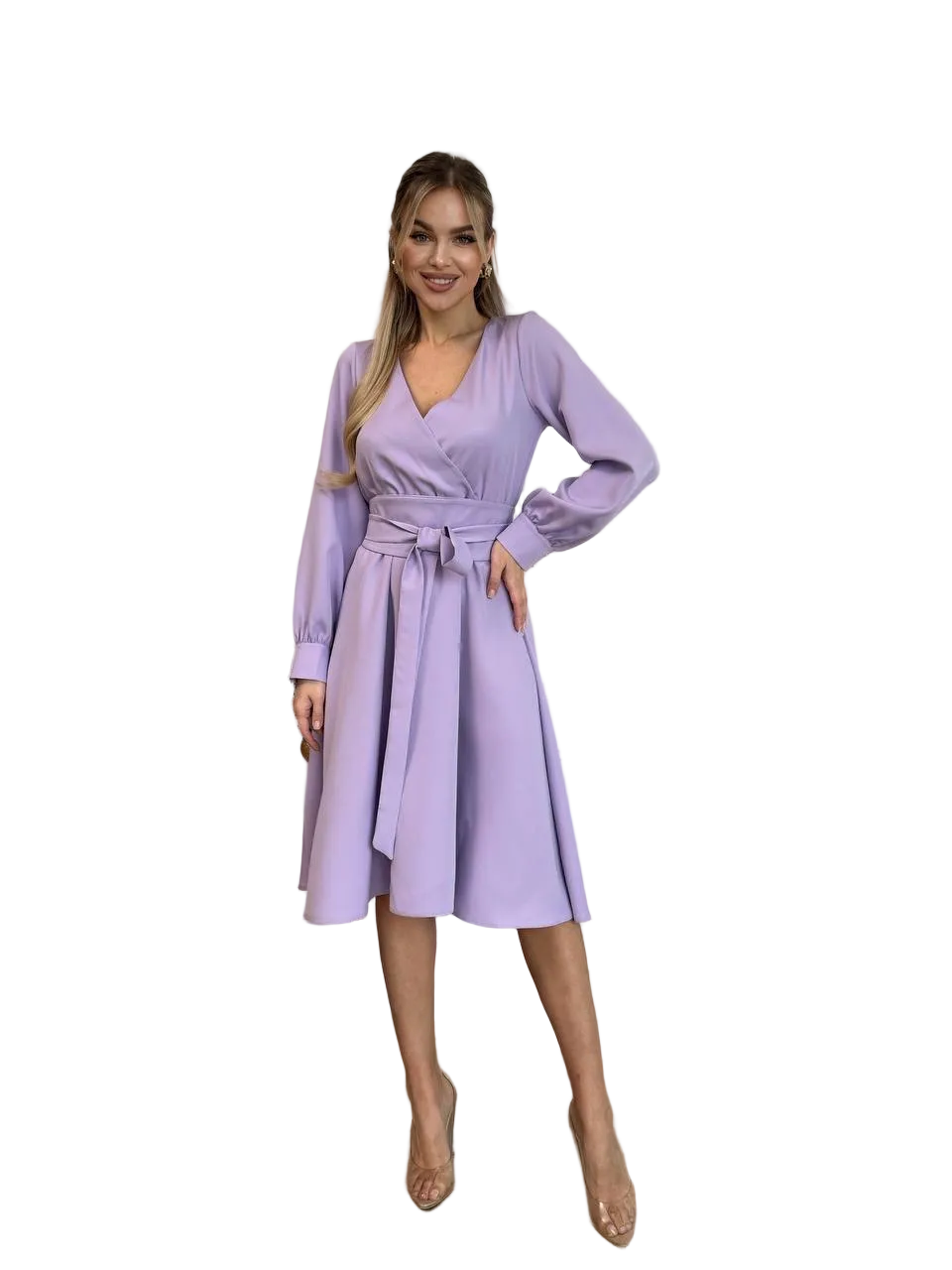 Lavender Surplice Wrap Style Midi Dress Long Sleeve Occasion Dress