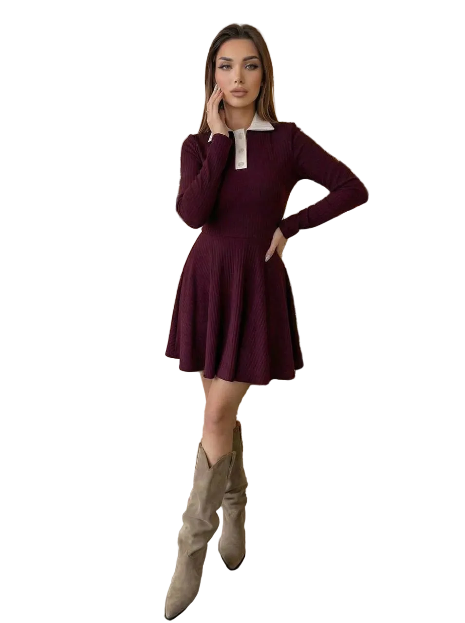 Burgundy Knit Fit and Flare Dress with Collar Cozy Sweater Dress