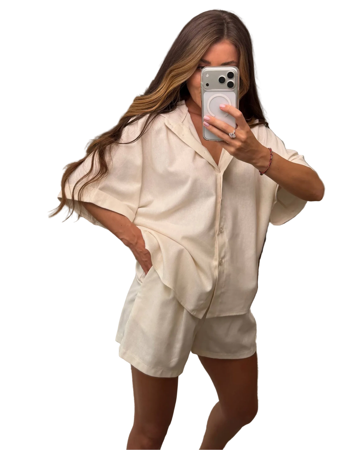 Beige Linen Two Piece Suit for Women Relaxed Shirt and Shorts Summer Set