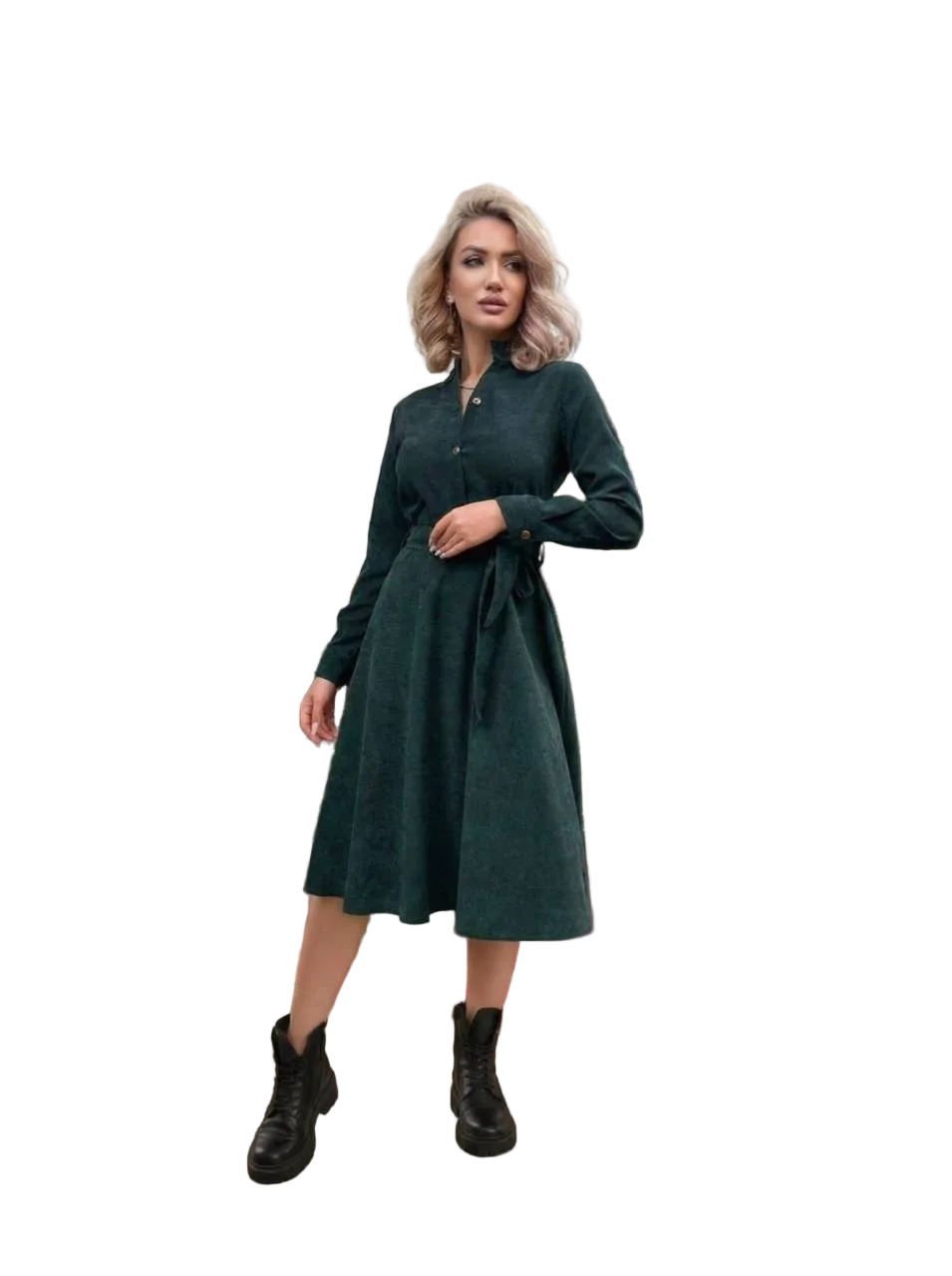 Dark Green Microvelvet Midi Dress Tie Waist Shirt Dress Long Sleeve Elegant